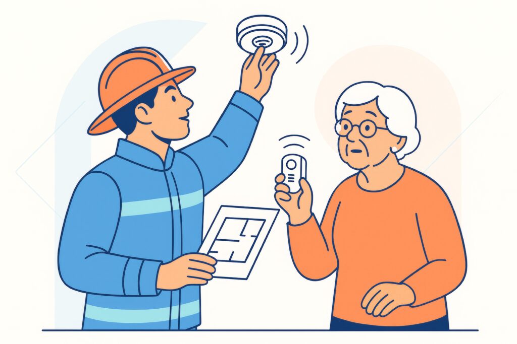 Firefighter helping elderly woman test smoke detector with remote on light background, showing fire safety awareness and home preparedness concept. Ai generative